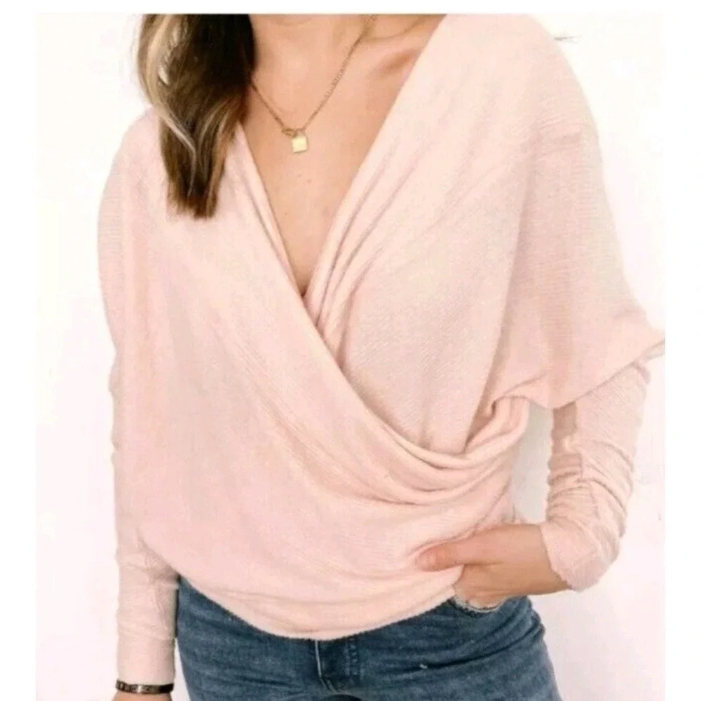 Free People‎ Cozy With You Women's Champagne Toast Surplice Pullover Sweater M